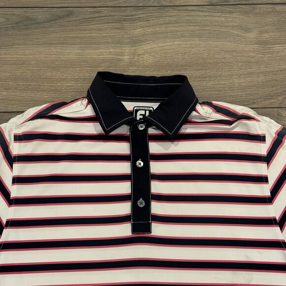 FootJoy Pink Striped Performance Golf Polo Shirt Mens Short Sleeve Size M White - Picture 2 of 7
